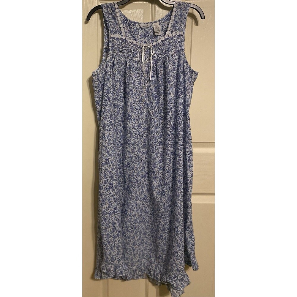 Adonna Womens L 100% Cotton Floral Ruffle Nightgown Blue Babydoll Cottagecore